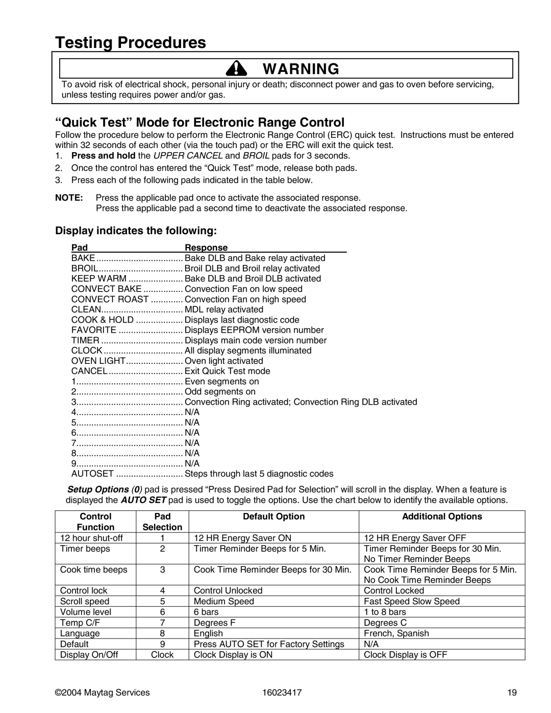 Jenn-Air JDR8895AAB/S/W, JDR8895ACS/W manual Quick Test Mode for Electronic Range Control 