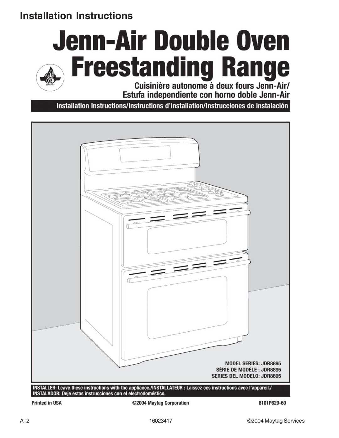 Jenn-Air JDR8895ACS/W, JDR8895AAB/S/W manual Installation Instructions 