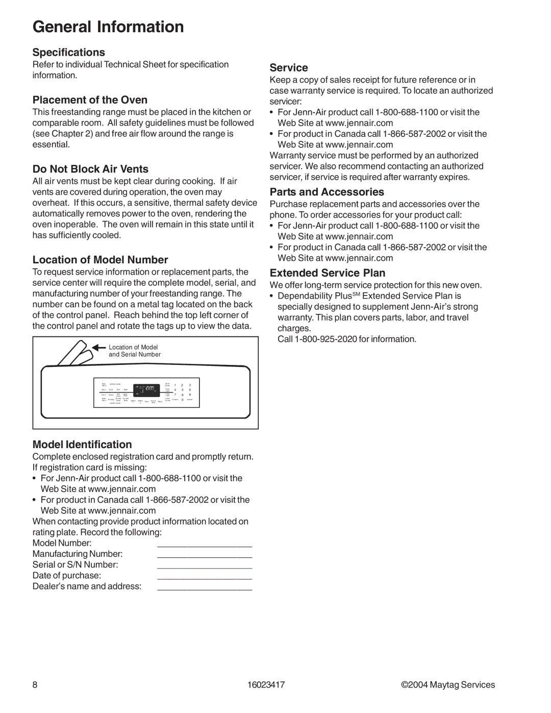 Jenn-Air JDR8895ACS/W Specifications, Placement of the Oven, Do Not Block Air Vents, Location of Model Number, Service 