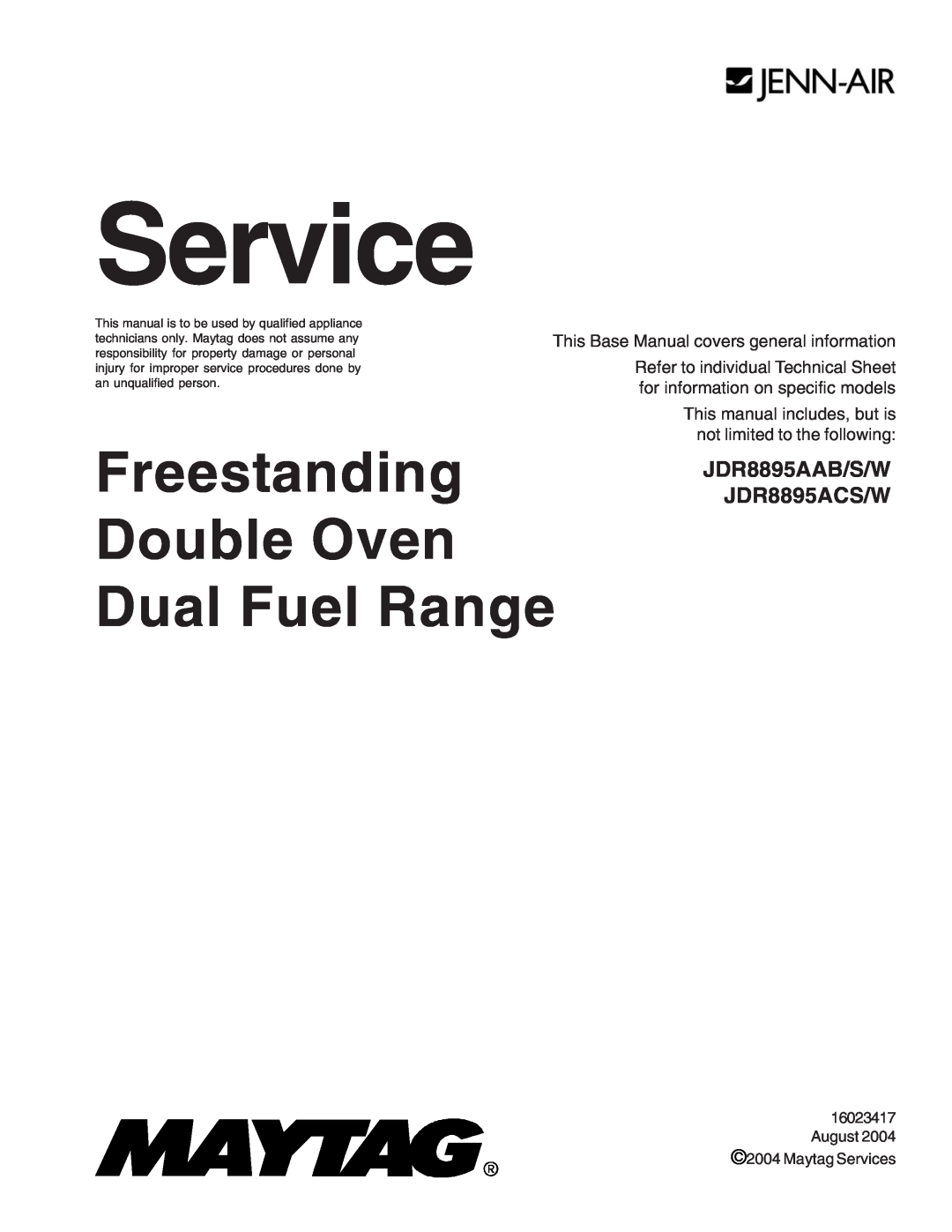 Jenn-Air manual Service, JDR8895AAB/S/W JDR8895ACS/W, Freestanding Double Oven Dual Fuel Range 