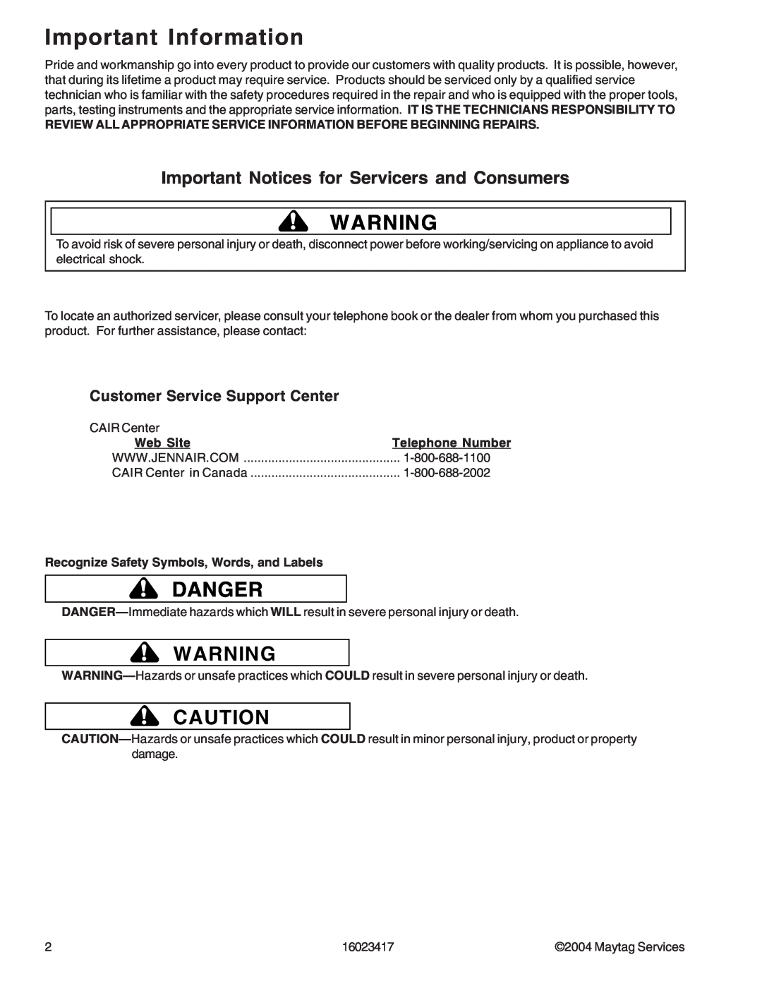 Jenn-Air JDR8895ACS/W, JDR8895AAB/S/W manual Important Information, Important Notices for Servicers and Consumers, Danger 