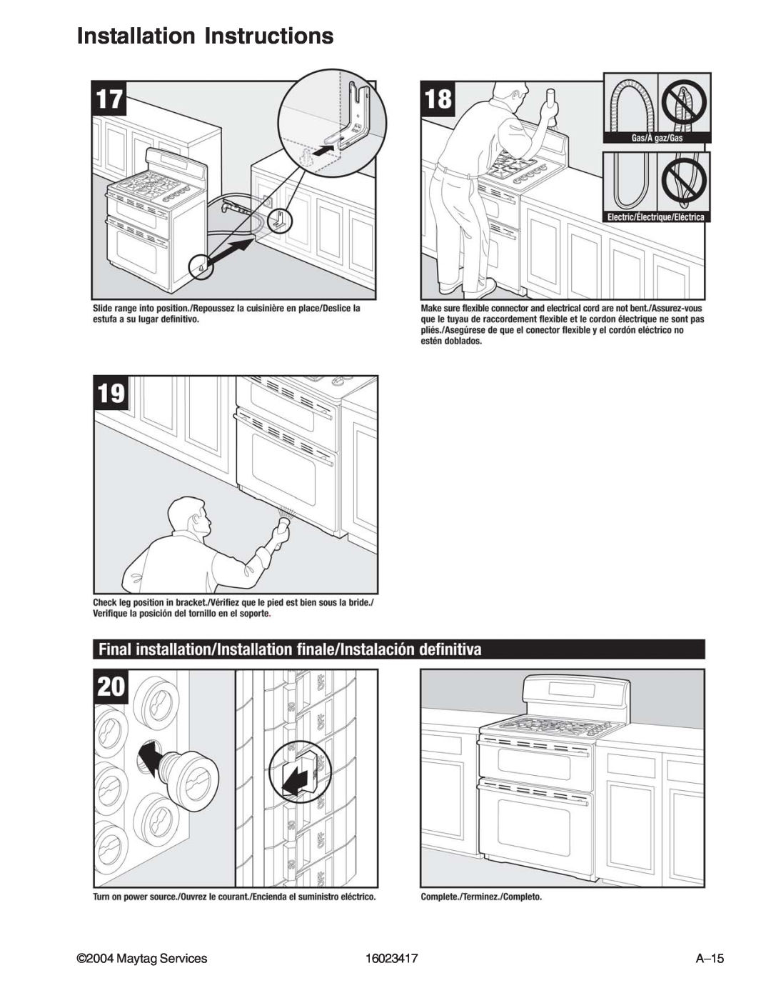 Jenn-Air JDR8895AAB/S/W, JDR8895ACS/W manual Installation Instructions, Maytag Services, 16023417, A–15 