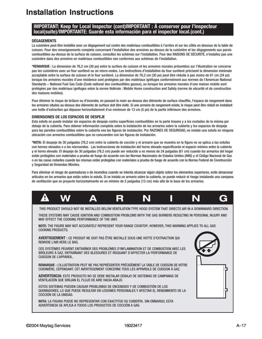 Jenn-Air JDR8895AAB/S/W, JDR8895ACS/W manual Installation Instructions, Maytag Services, 16023417, A–17 