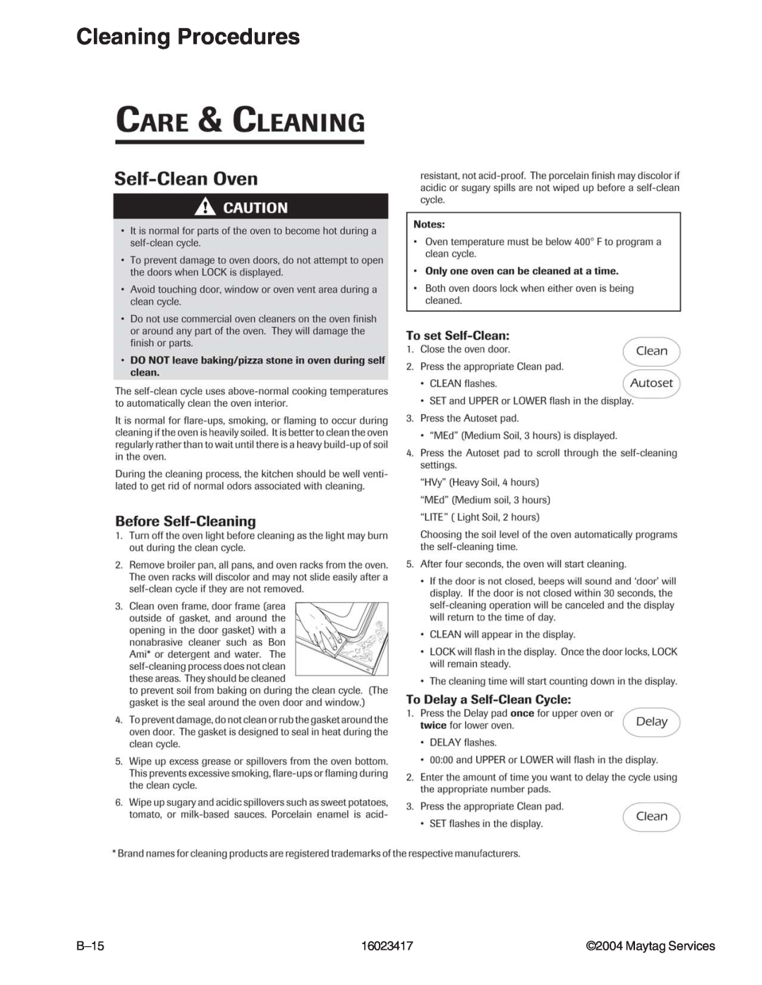 Jenn-Air JDR8895ACS/W, JDR8895AAB/S/W manual Cleaning Procedures, B–15, 16023417, Maytag Services 