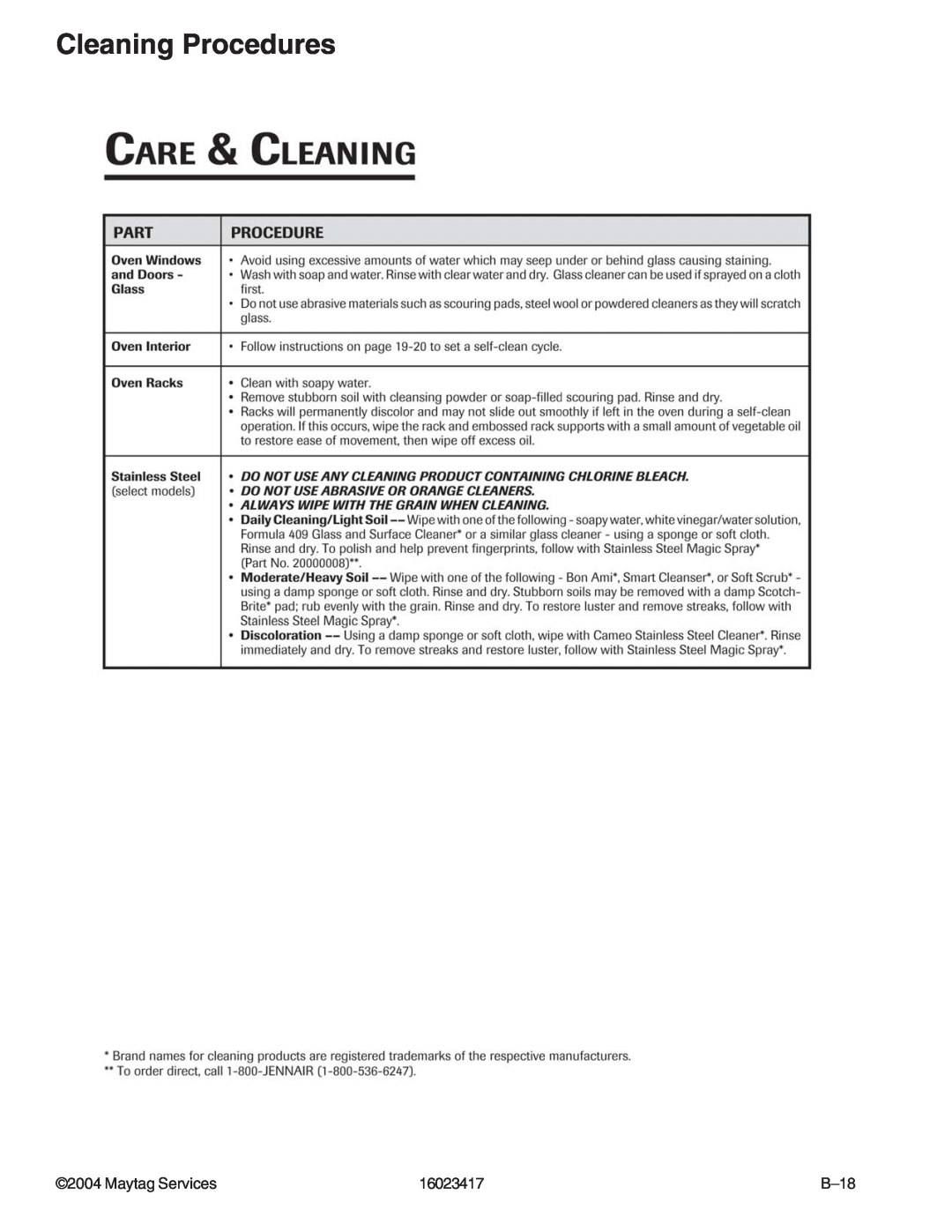 Jenn-Air JDR8895AAB/S/W, JDR8895ACS/W manual Cleaning Procedures, Maytag Services, 16023417, B–18 
