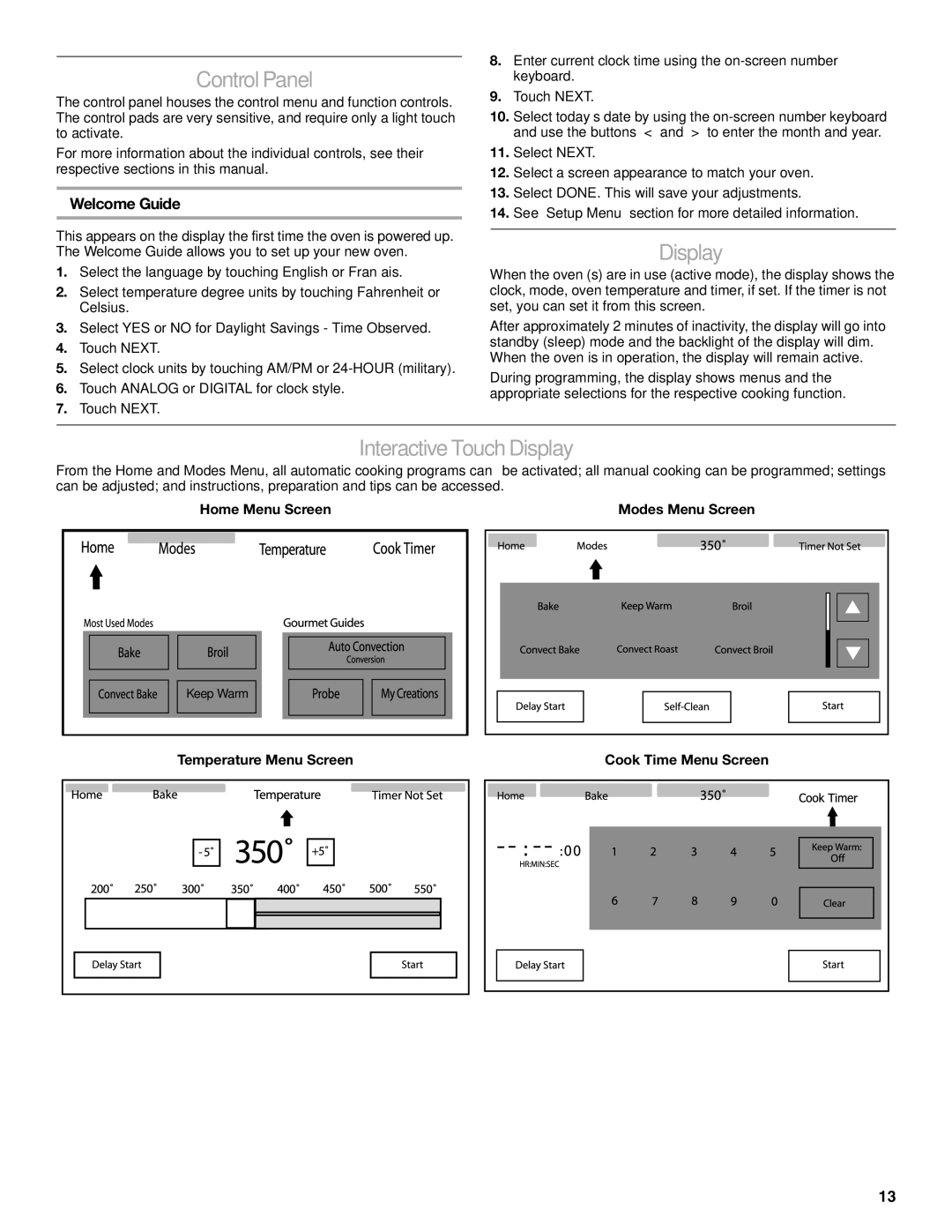 Jenn-Air JDRP430 manual Control Panel, Interactive Touch Display, Welcome Guide 