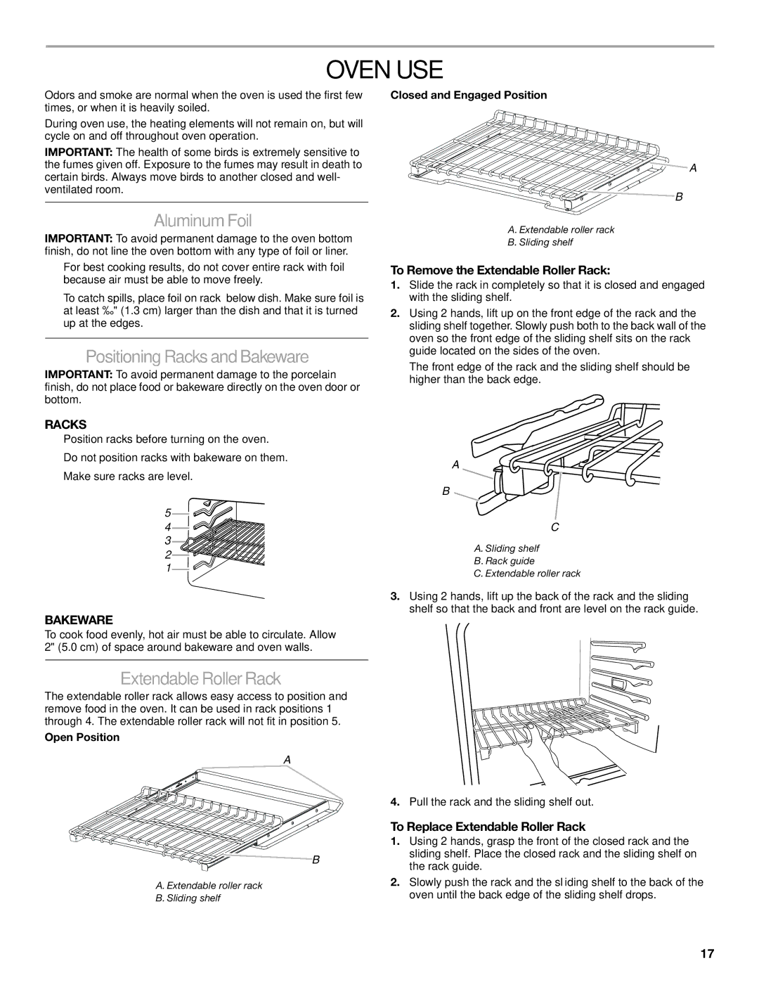 Jenn-Air JDRP430 manual Oven USE, Aluminum Foil, Positioning Racks and Bakeware, Extendable Roller Rack 