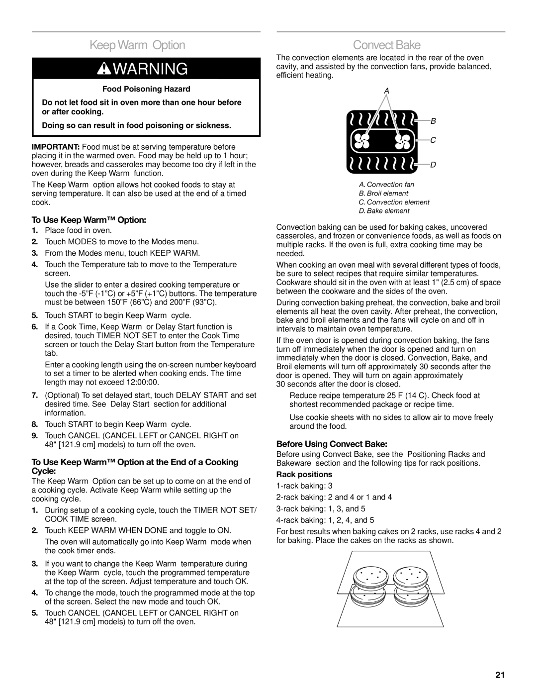 Jenn-Air JDRP430 manual To Use Keep Warm Option at the End of a Cooking Cycle, Before Using Convect Bake 