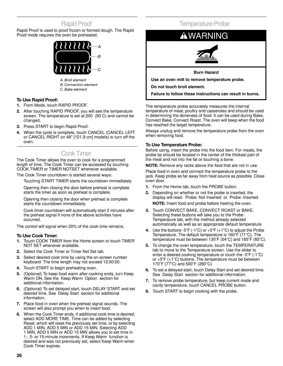 Jenn-Air JDRP430 manual Rapid Proof, Cook Timer, Temperature Probe 