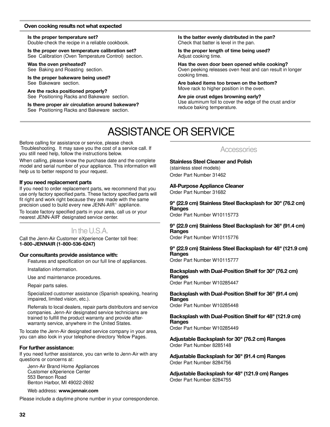 Jenn-Air JDRP430 manual Assistance or Service, U.S.A, Accessories 