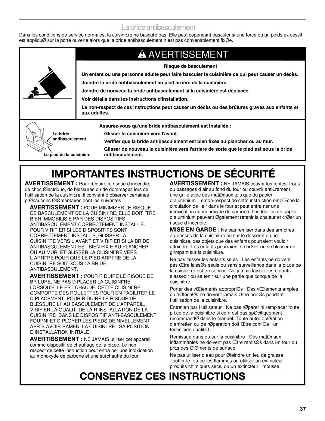 Jenn-Air JDRP430 manual Importantes Instructions DE Sécurité, La bride antibasculement 