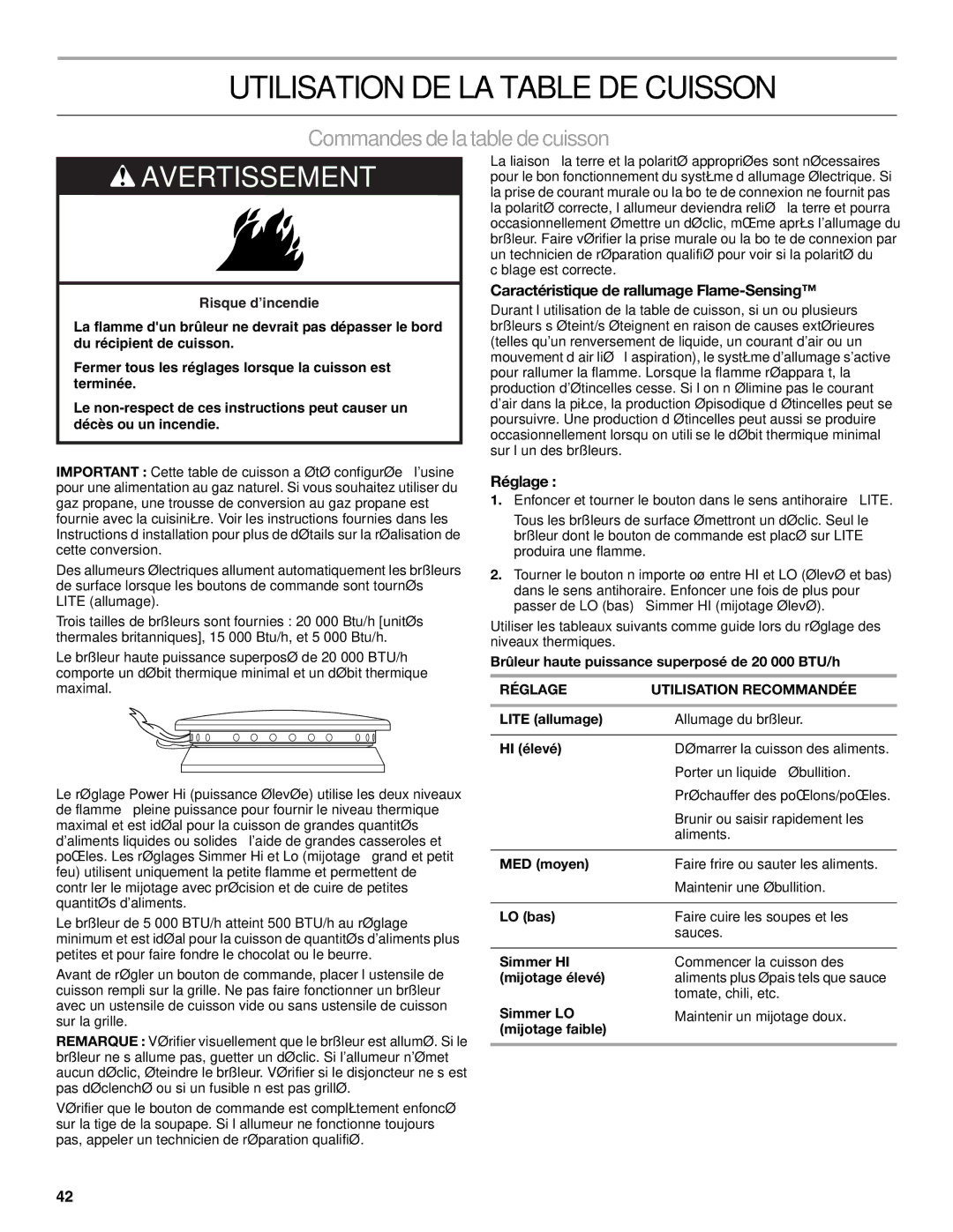 Jenn-Air JDRP430 manual Utilisation DE LA Table DE Cuisson, Commandes de la table de cuisson, Réglage 