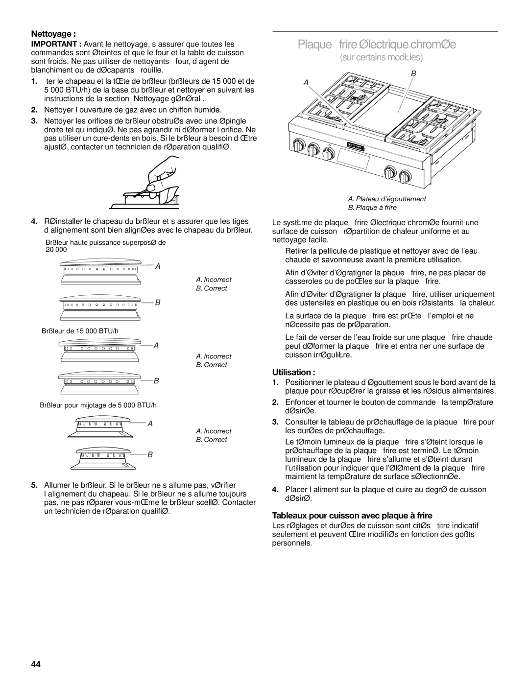 Jenn-Air JDRP430 Plaque à frire électrique chromée, Nettoyage, Utilisation, Tableaux pour cuisson avec plaque à frire 