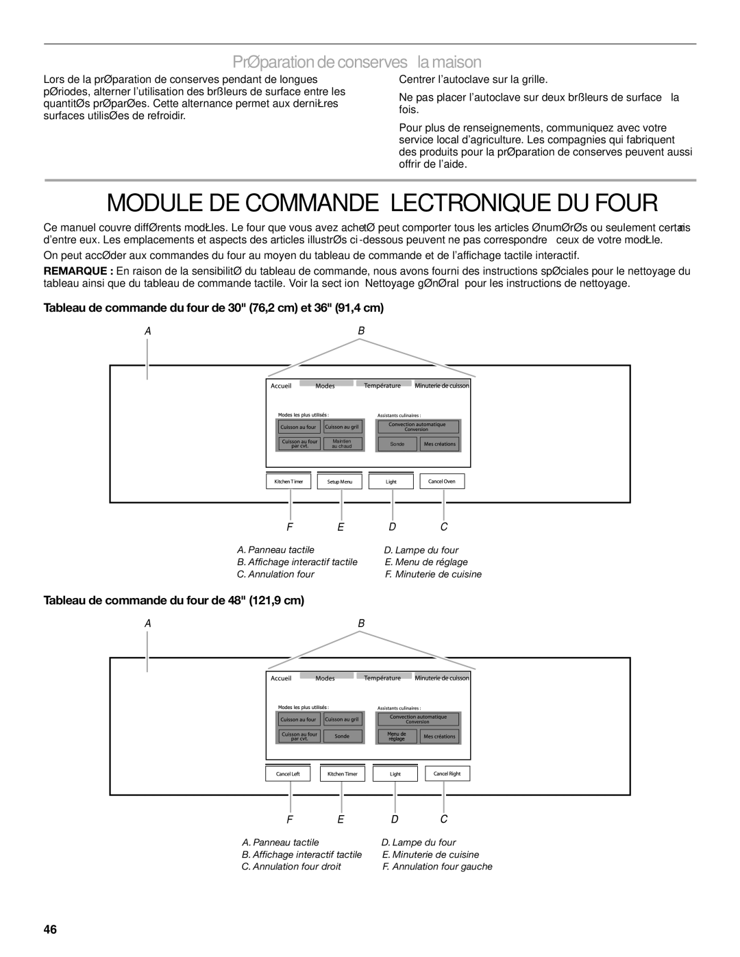 Jenn-Air JDRP430 manual Module DE Commande Électronique DU Four, Préparation de conserves à la maison 