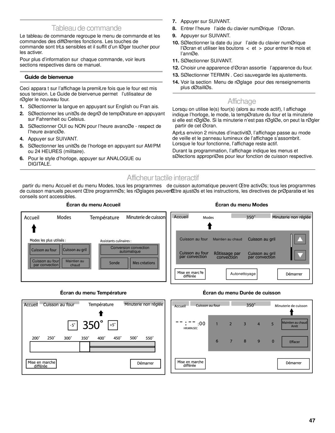 Jenn-Air JDRP430 manual Tableau de commande, Affichage, Afficheur tactile interactif, Guide de bienvenue 