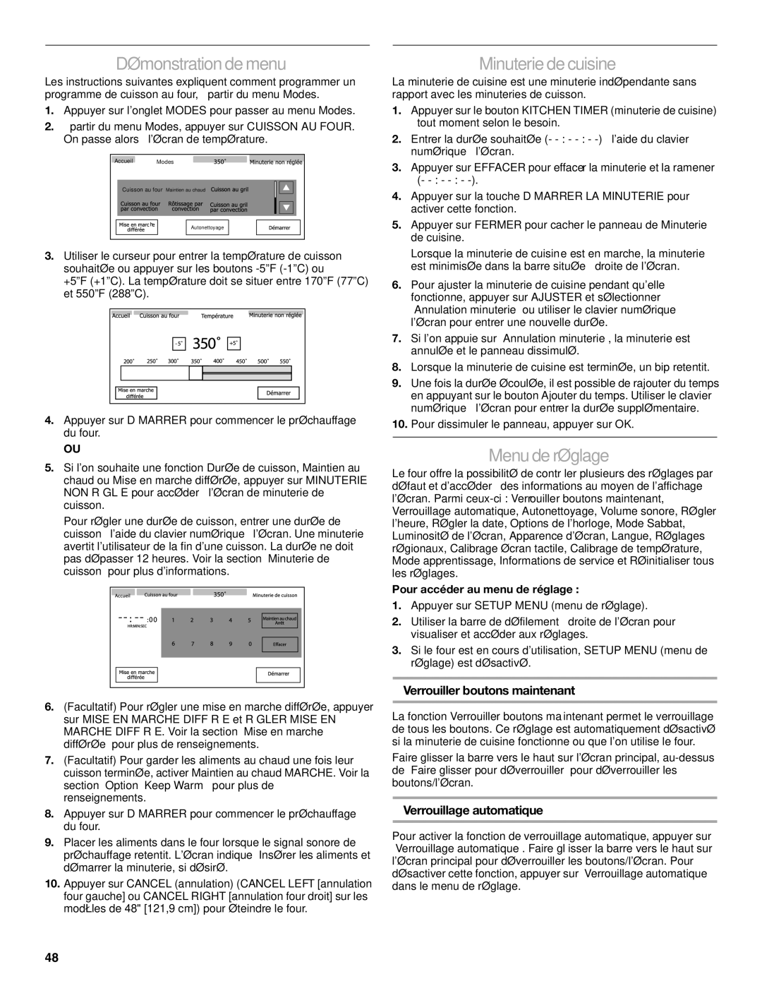 Jenn-Air JDRP430 manual Démonstration de menu, Minuterie de cuisine, Menu de réglage, Verrouiller boutons maintenant 