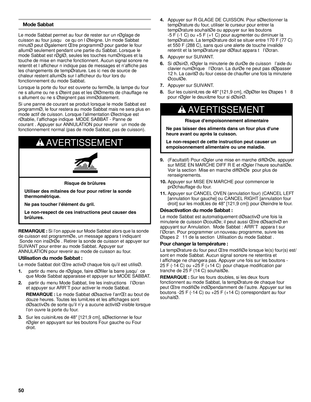 Jenn-Air JDRP430 manual Mode Sabbat, Utilisation du mode Sabbat, Désactivation du mode Sabbat, Pour changer la température 