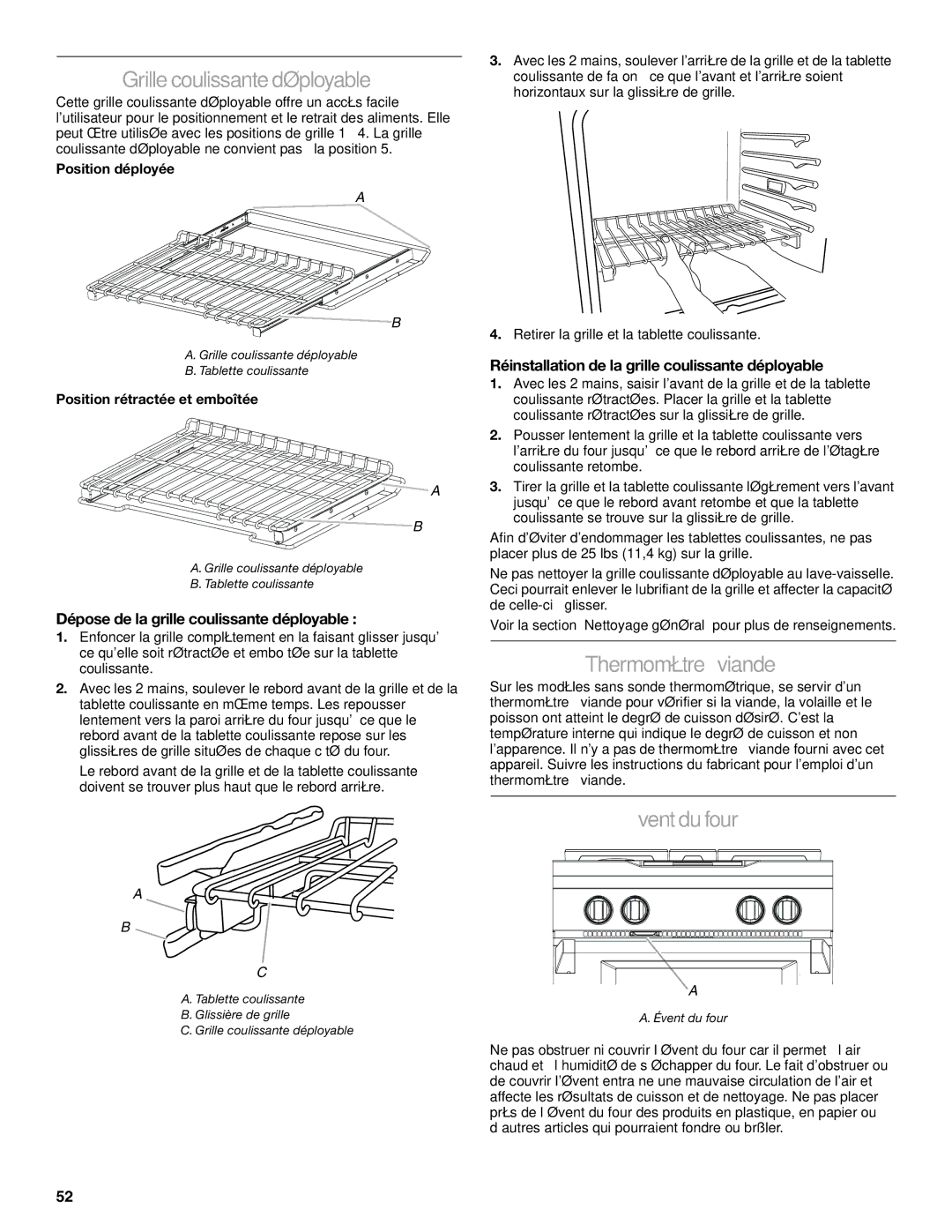 Jenn-Air JDRP430 manual Grille coulissante déployable, Thermomètre à viande, Évent du four 