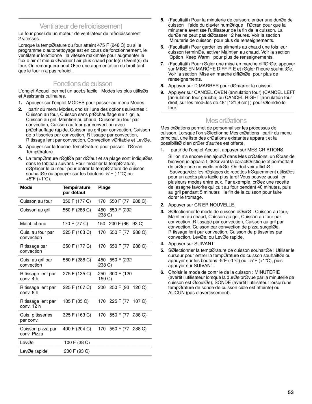 Jenn-Air JDRP430 Ventilateur de refroidissement, Fonctions de cuisson, Mes créations, Mode Température Plage Par défaut 