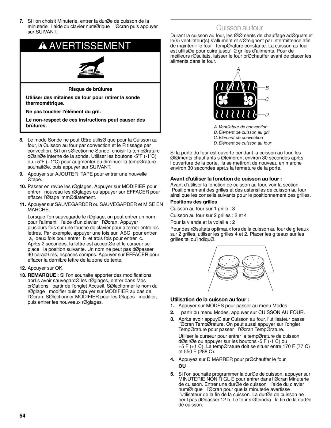 Jenn-Air JDRP430 manual Cuisson au four, Avant dutiliser la fonction de cuisson au four, Utilisation de la cuisson au four 