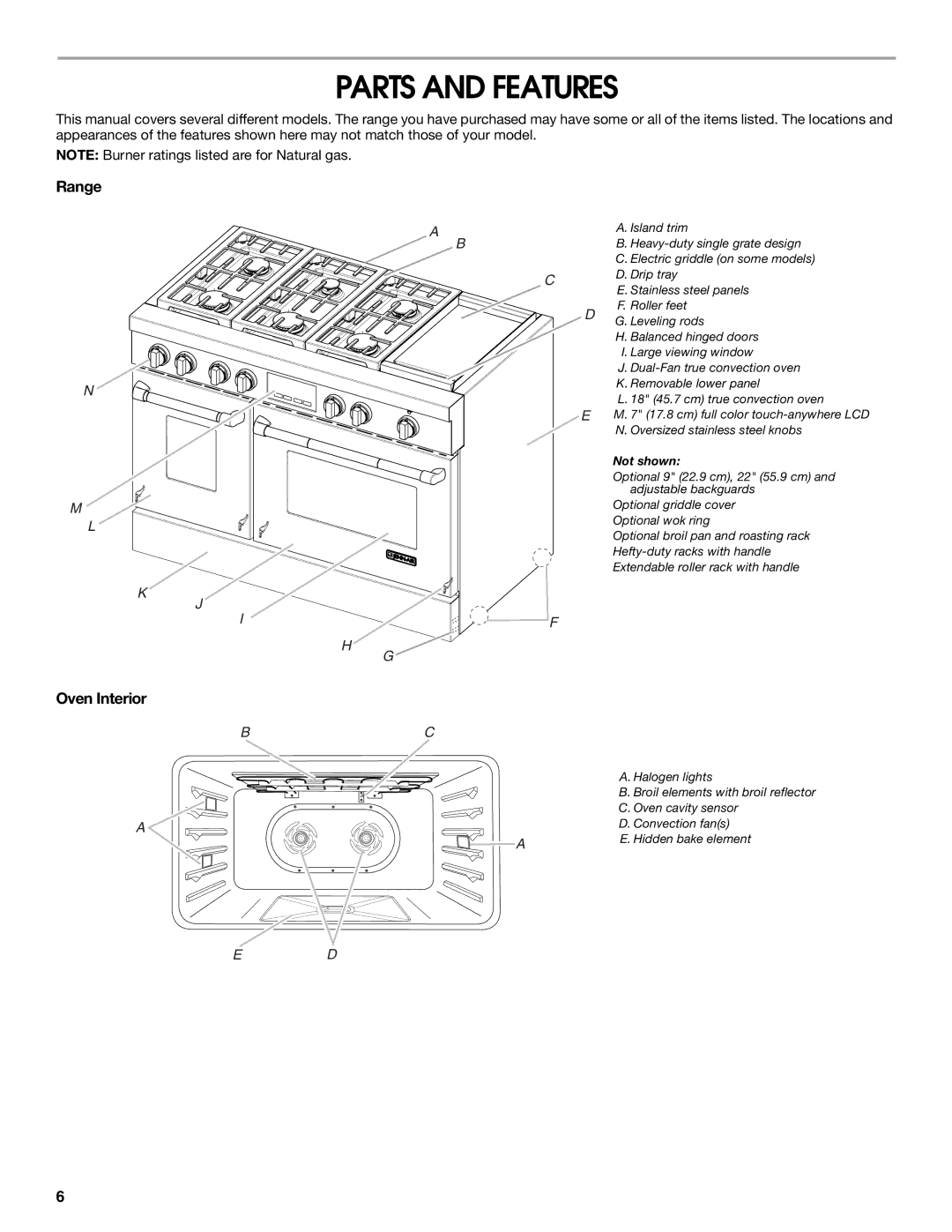 Jenn-Air JDRP430 manual Parts and Features, Range, Oven Interior 