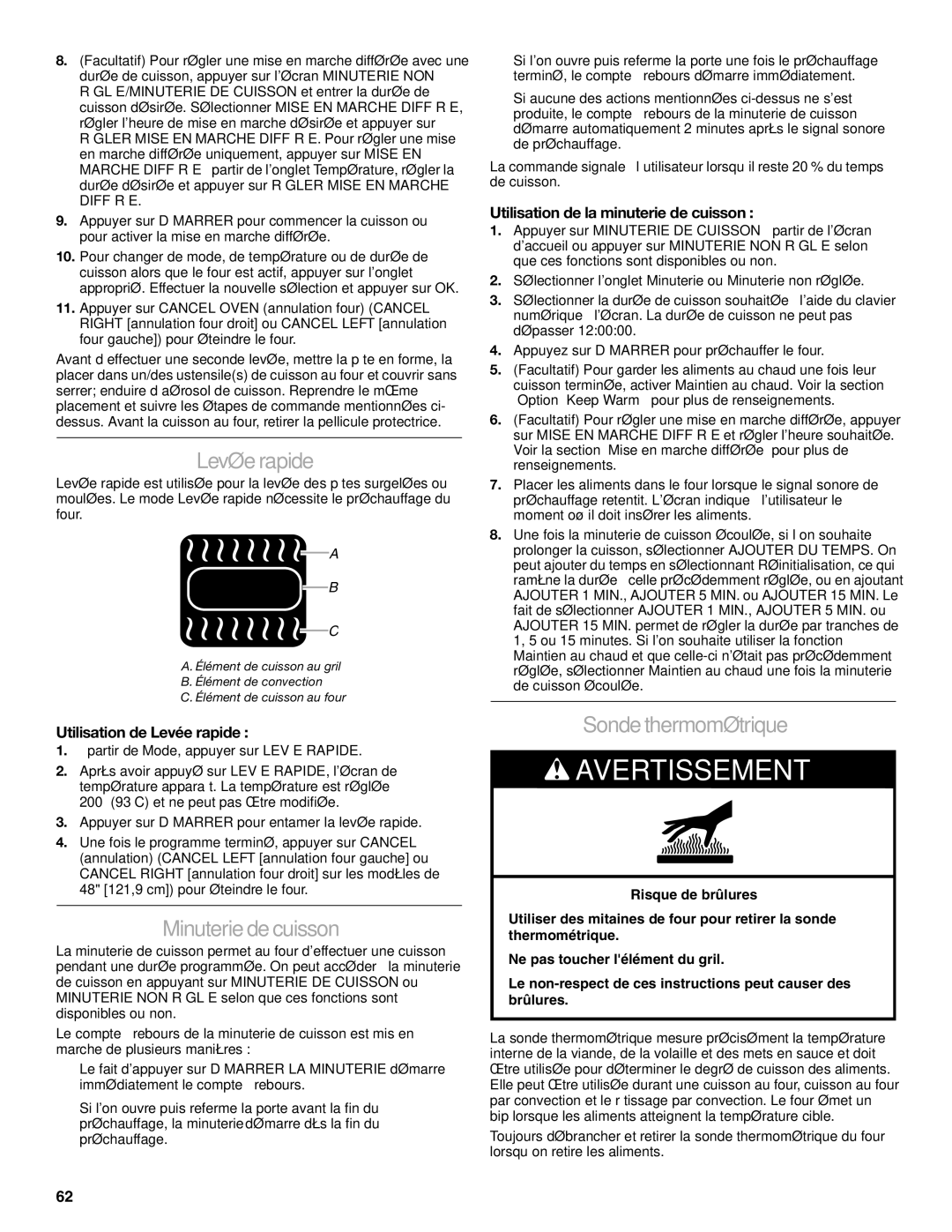 Jenn-Air JDRP430 manual Minuterie de cuisson, Sonde thermométrique, Utilisation de Levée rapide 