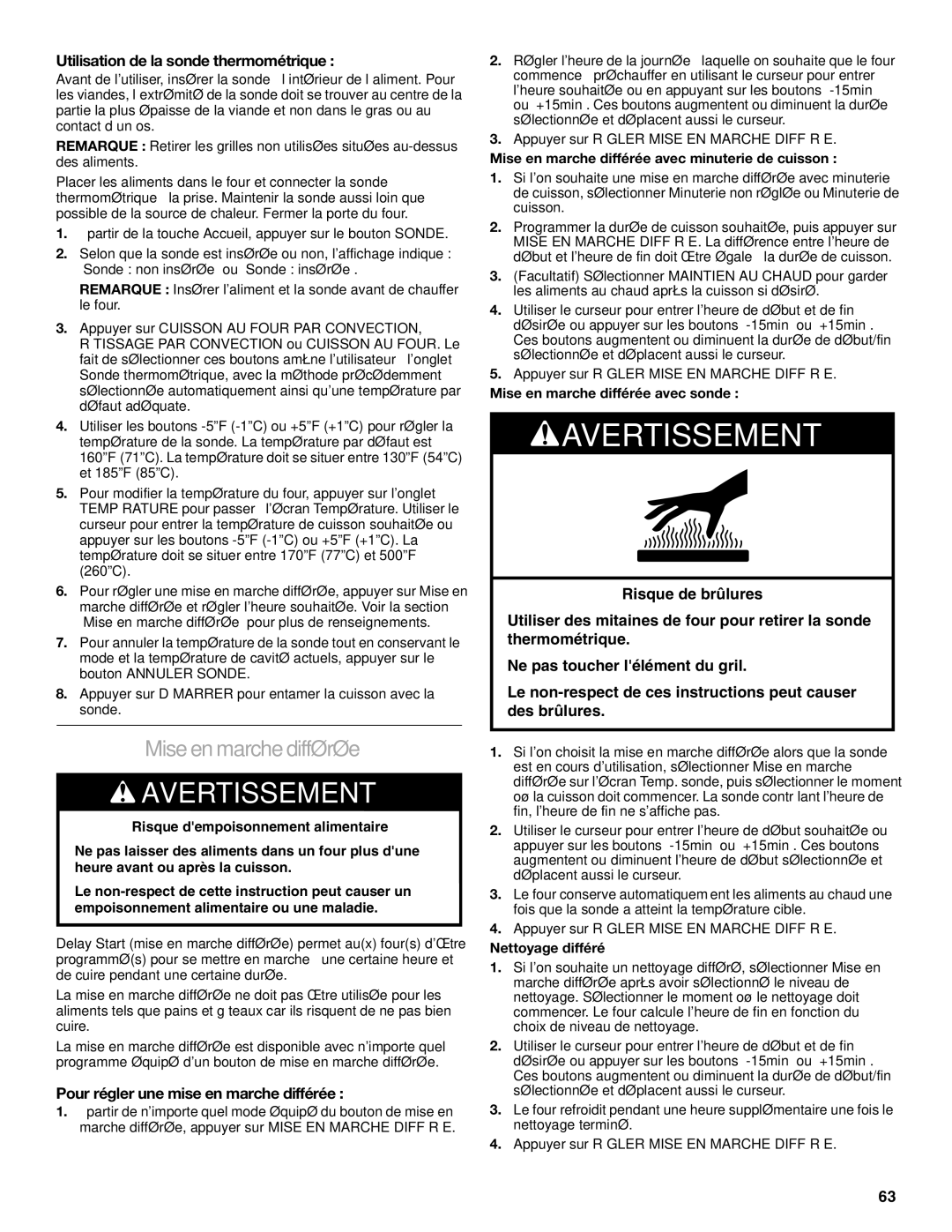 Jenn-Air JDRP430 Mise en marche différée, Utilisation de la sonde thermométrique, Pour régler une mise en marche différée 