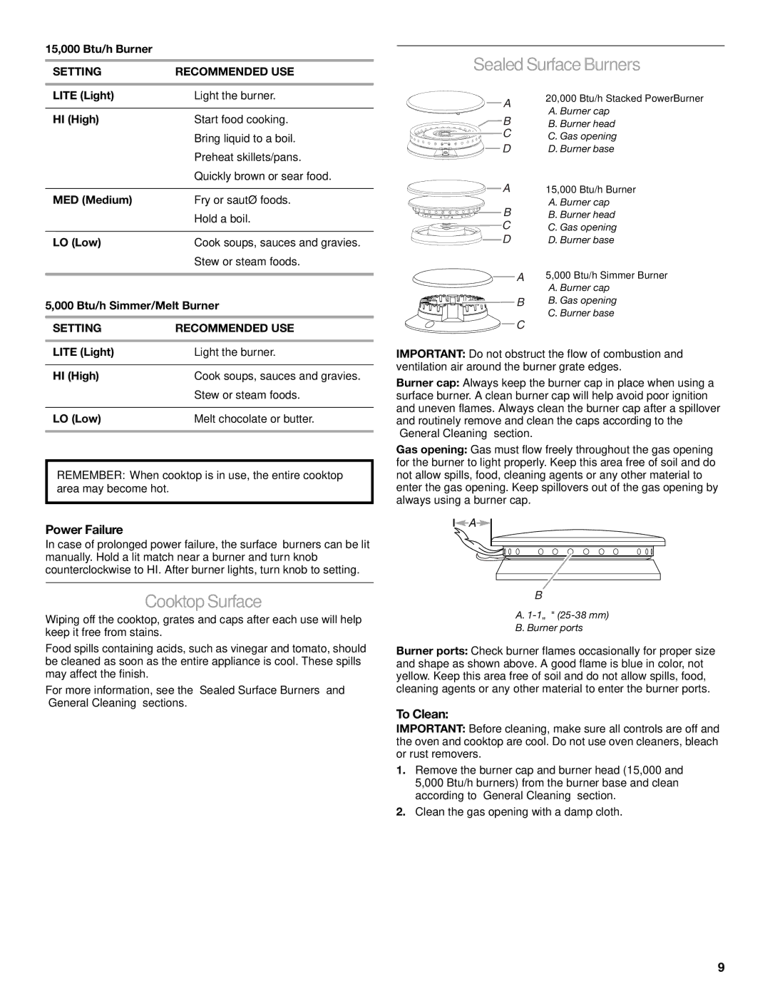 Jenn-Air JDRP430 manual Cooktop Surface, Sealed Surface Burners, Power Failure, To Clean 