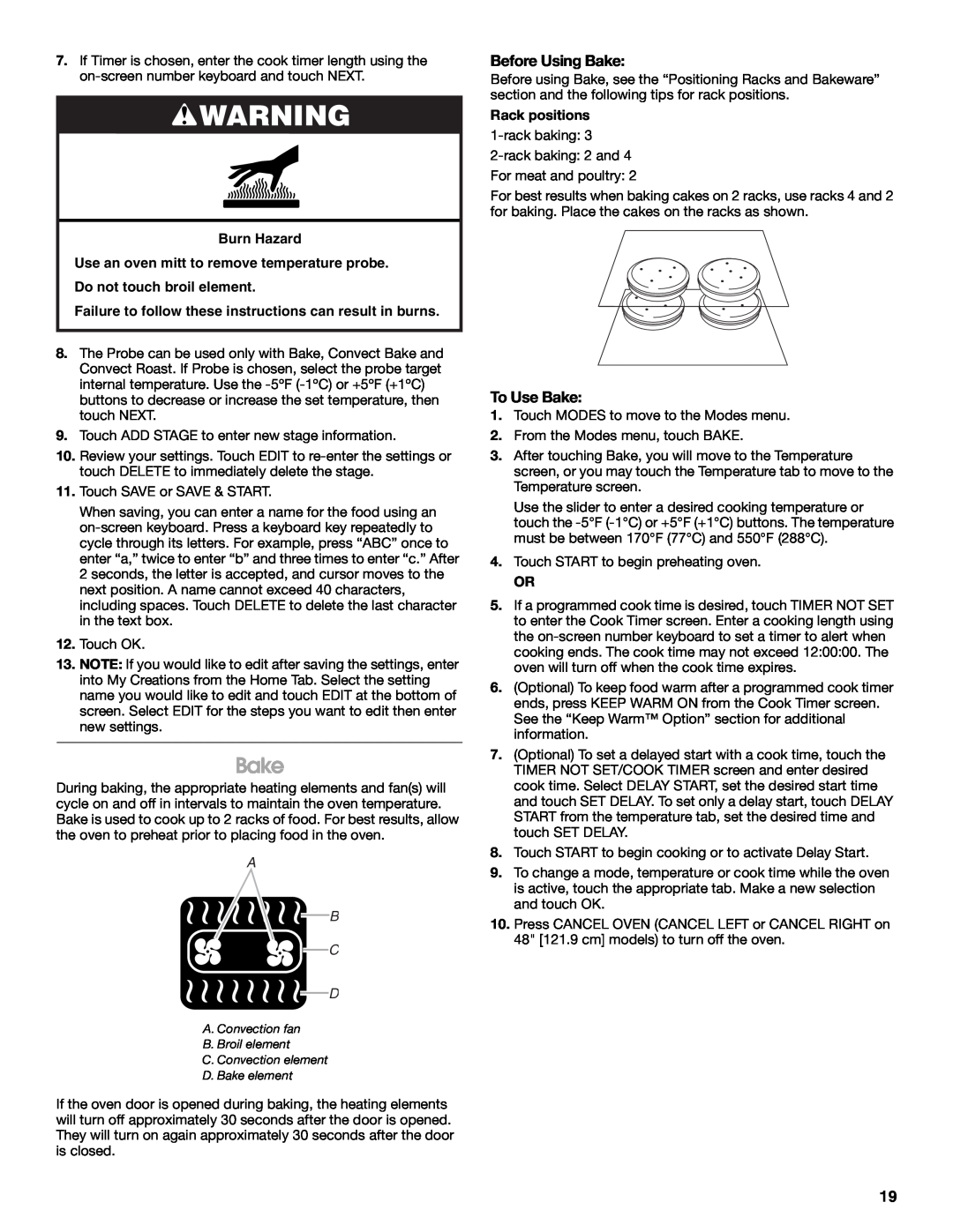 Jenn-Air JDRP430 Before Using Bake, To Use Bake, Burn Hazard, Failure to follow these instructions can result in burns 