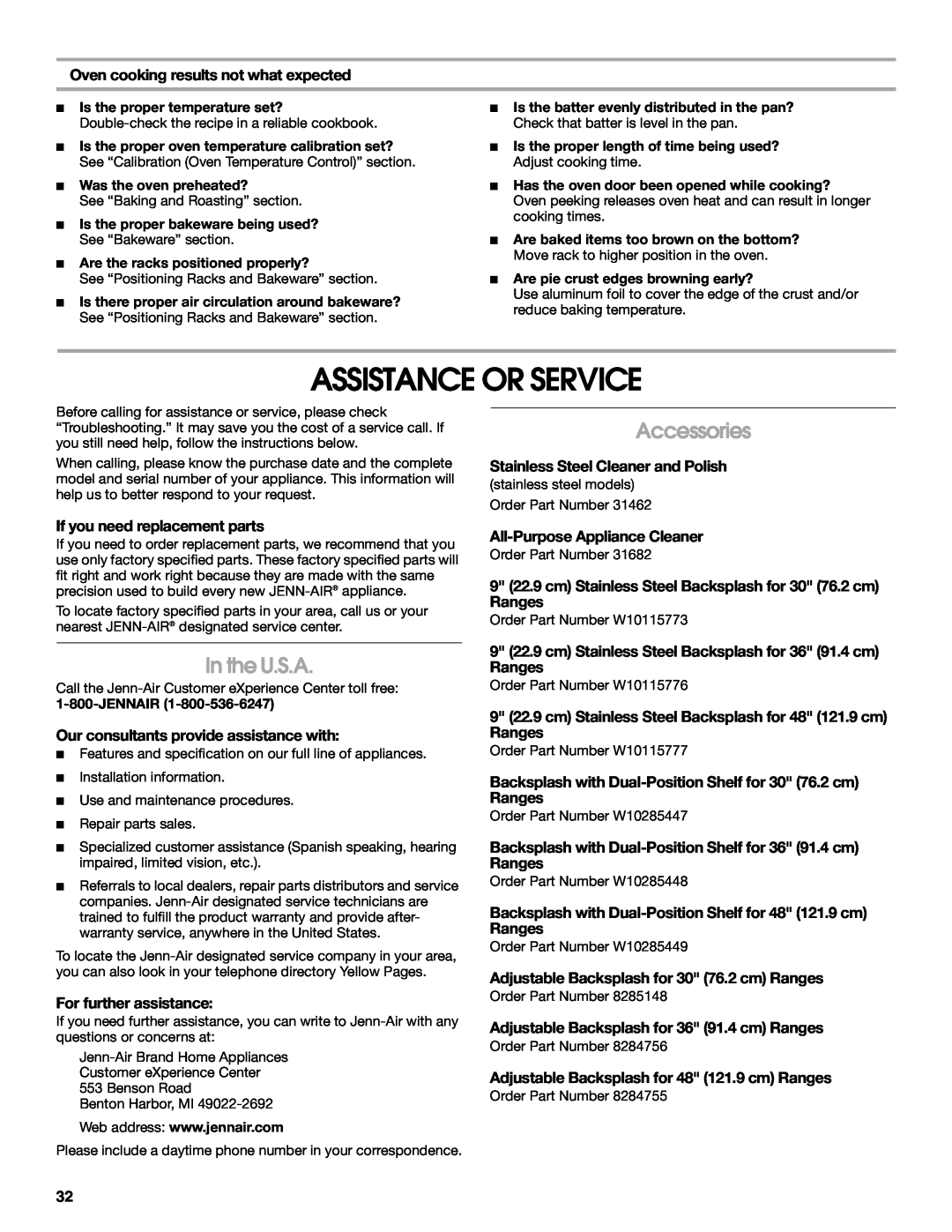 Jenn-Air JDRP430 manual Assistance Or Service, In the U.S.A, Accessories, Oven cooking results not what expected 
