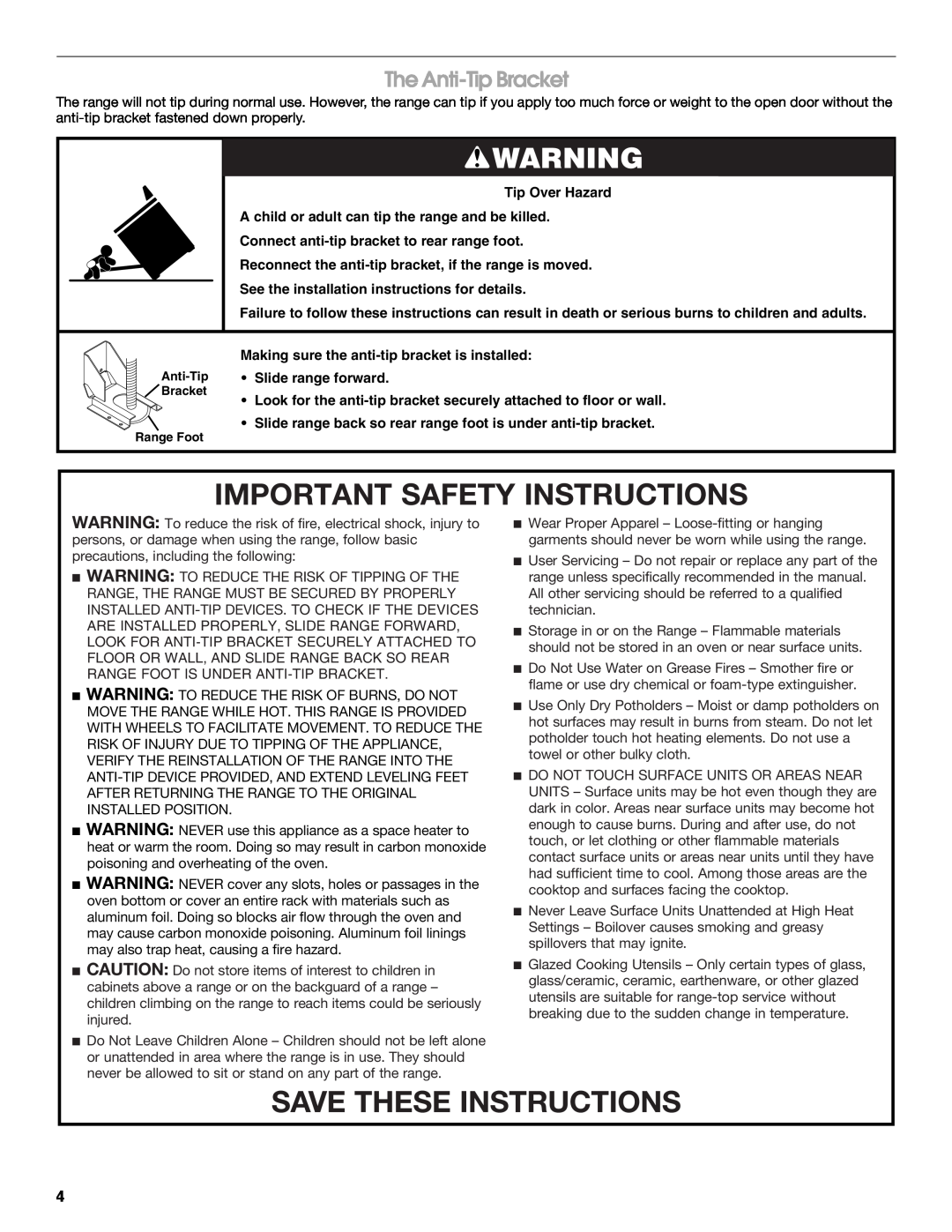 Jenn-Air JDRP430 manual Important Safety Instructions, Save These Instructions, The Anti-Tip Bracket 