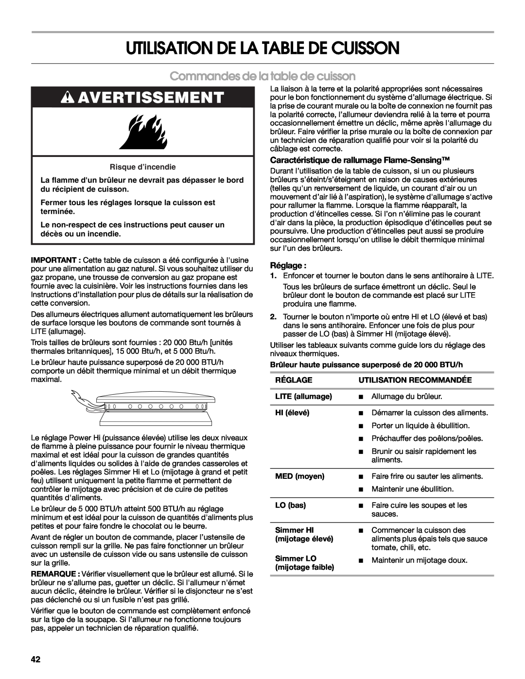 Jenn-Air JDRP430 manual Utilisation De La Table De Cuisson, Commandes de la table de cuisson, Avertissement, Réglage 