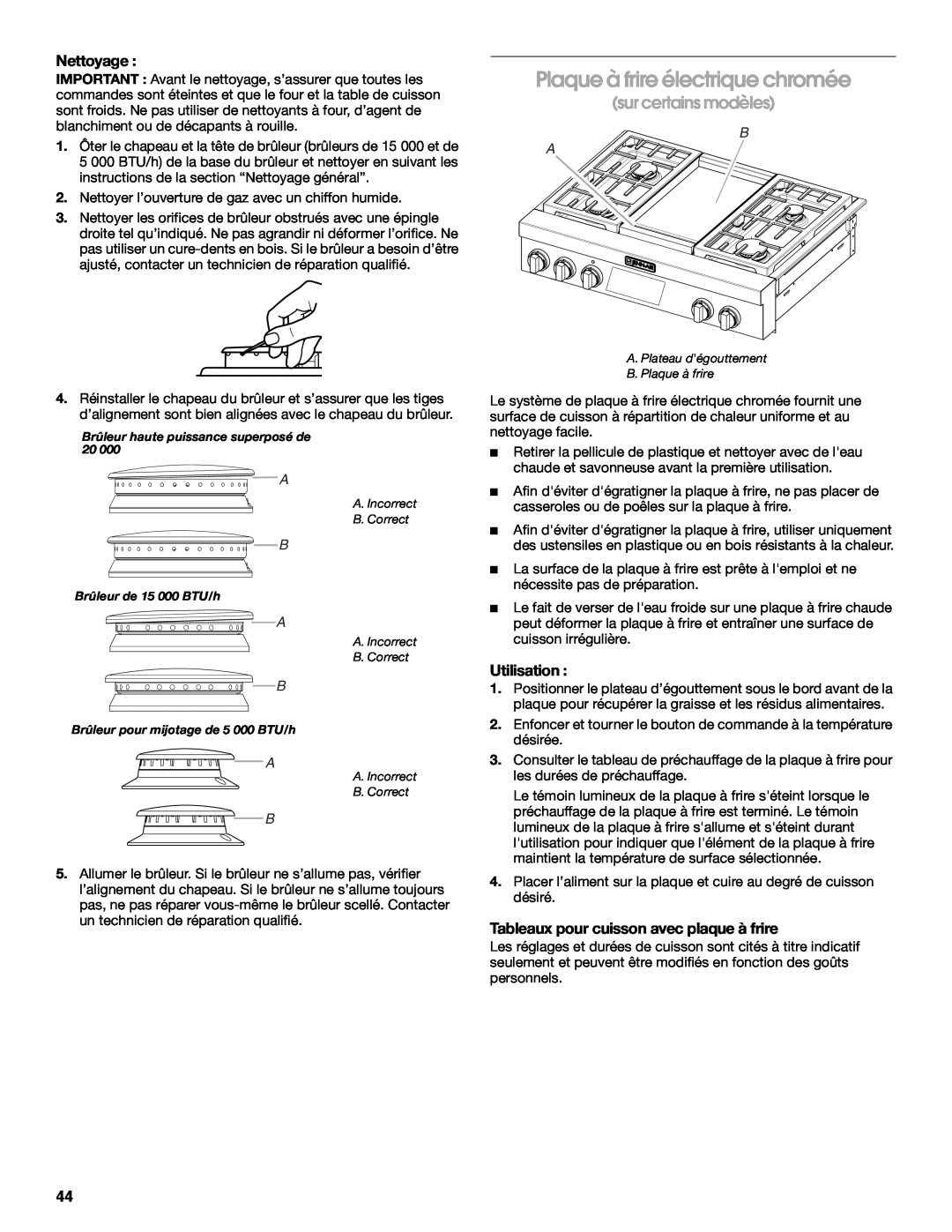 Jenn-Air JDRP430 manual Plaque à frire électrique chromée, sur certains modèles, Nettoyage, Utilisation 