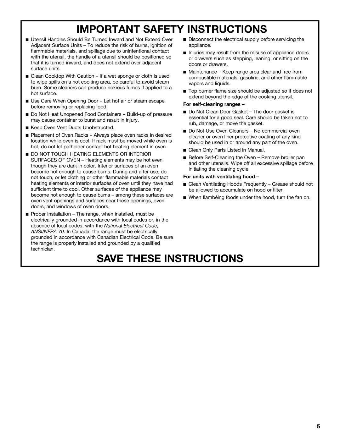 Jenn-Air JDRP430 manual Important Safety Instructions, Save These Instructions, For self-cleaning ranges 