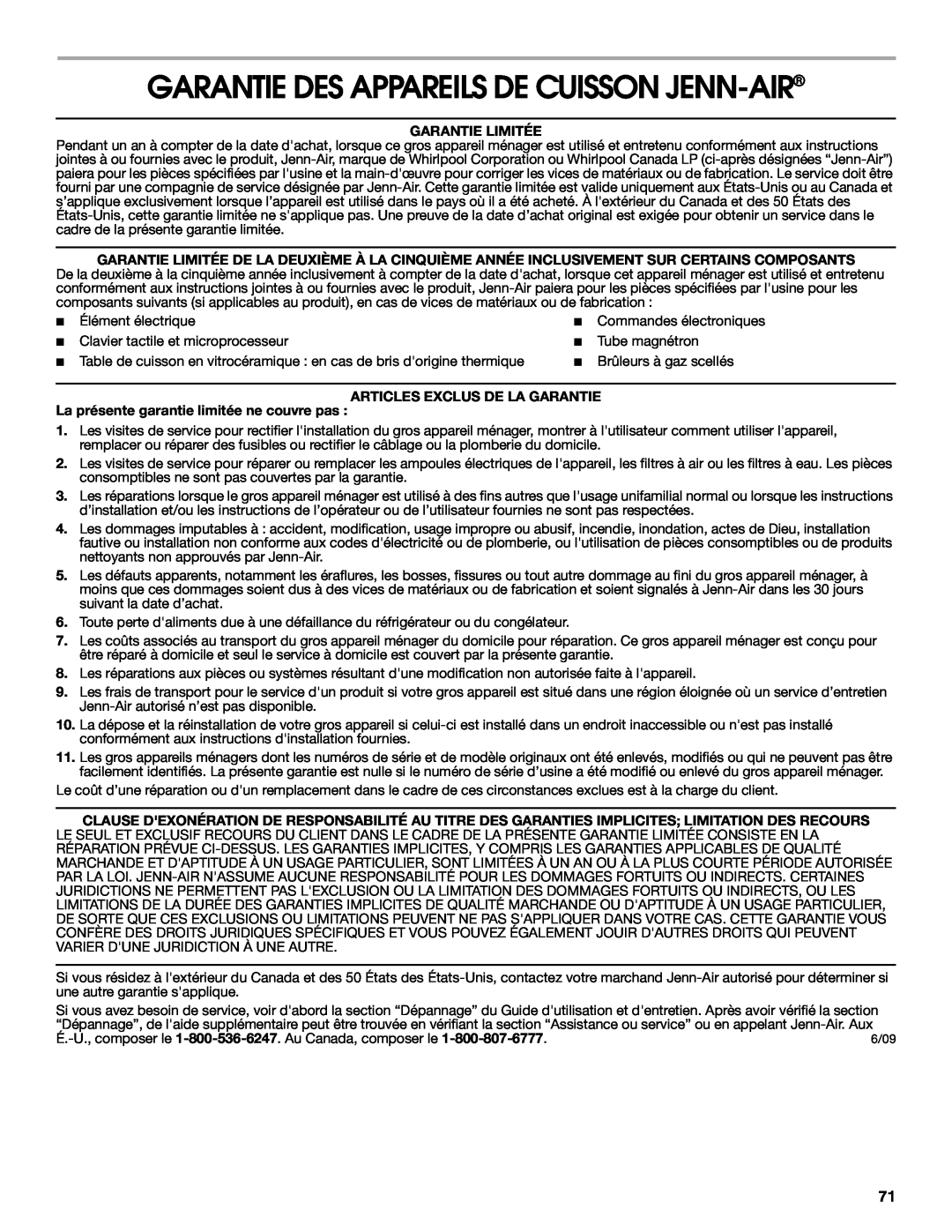 Jenn-Air JDRP430 manual Garantie Des Appareils De Cuisson Jenn-Air, Garantie Limitée, Articles Exclus De La Garantie 