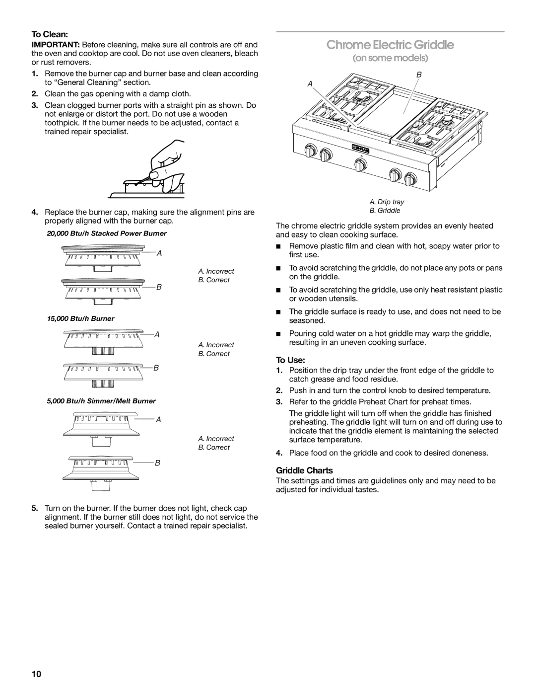 Jenn-Air JDRP430, JDRP436, JDRP536, JDRP548 manual Chrome Electric Griddle, To Clean, To Use, Griddle Charts 