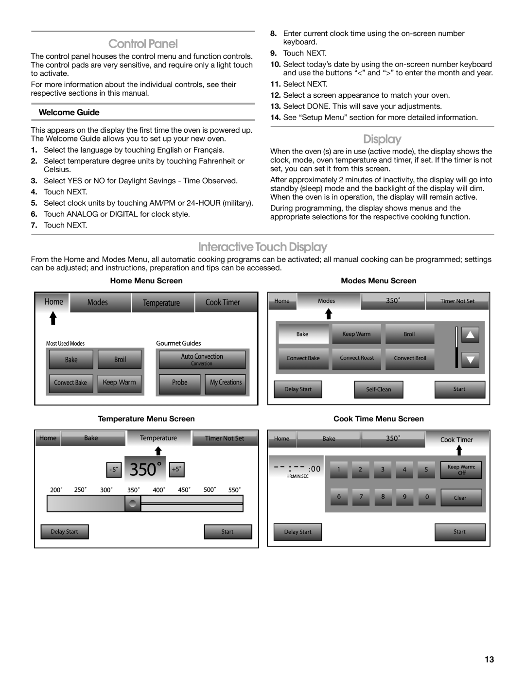 Jenn-Air JDRP536, JDRP436, JDRP430, JDRP548 manual Control Panel, Interactive Touch Display, Welcome Guide 