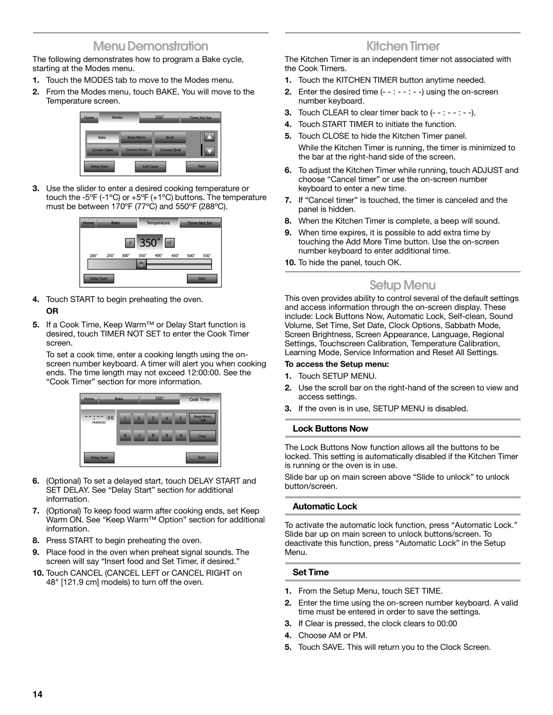 Jenn-Air JDRP430, JDRP436, JDRP536, JDRP548 manual Menu Demonstration, Kitchen Timer, Setup Menu 