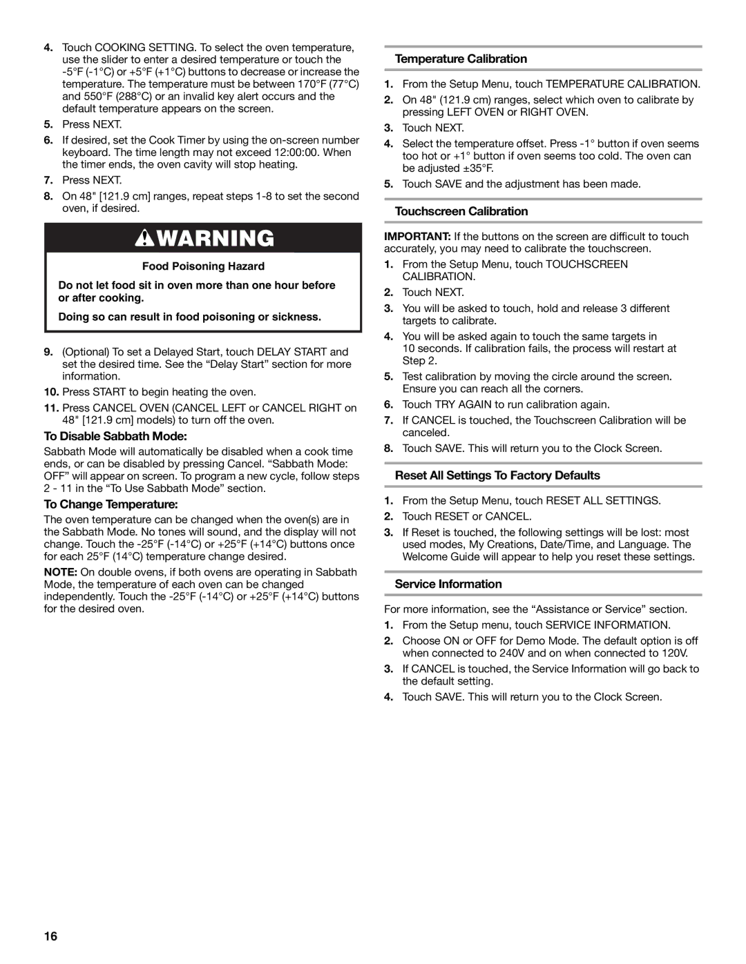 Jenn-Air JDRP436, JDRP536 To Disable Sabbath Mode, To Change Temperature, Temperature Calibration, Touchscreen Calibration 