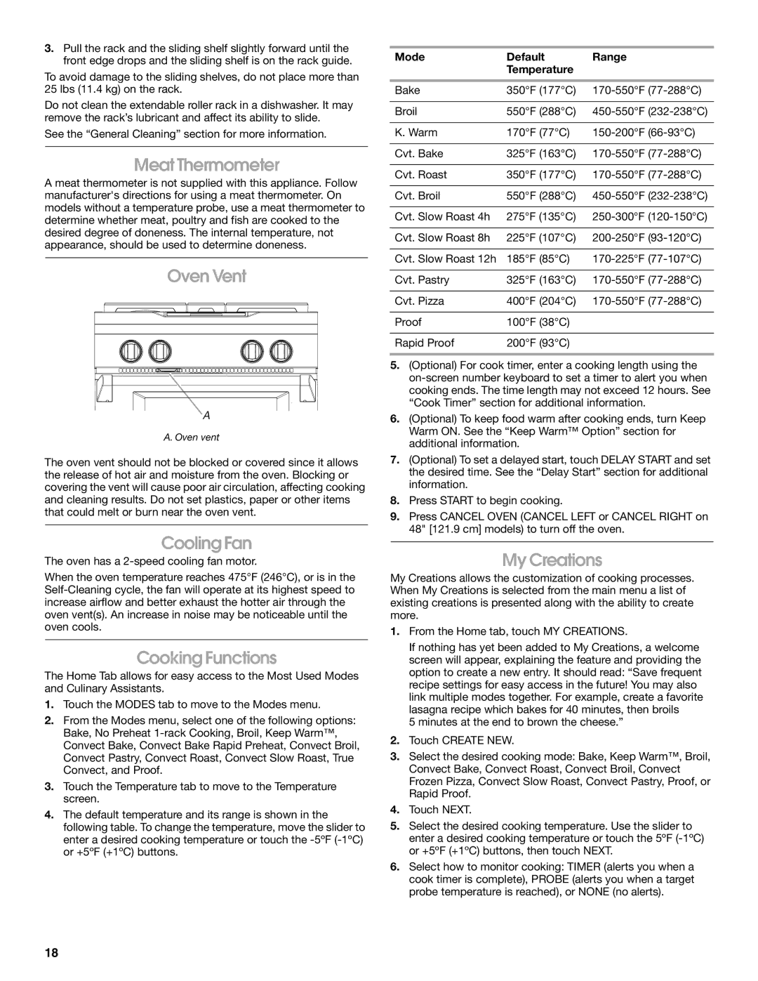 Jenn-Air JDRP430, JDRP436, JDRP536, JDRP548 manual Meat Thermometer, Oven Vent, Cooling Fan, Cooking Functions, My Creations 