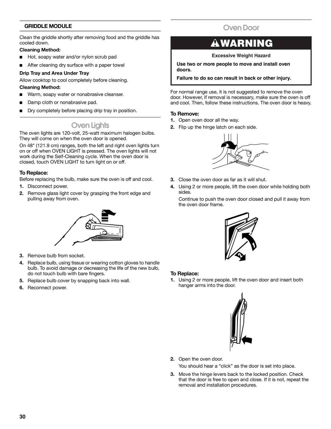 Jenn-Air JDRP430, JDRP436, JDRP536, JDRP548 manual Oven Lights, Oven Door, Griddle Module, To Replace, To Remove 