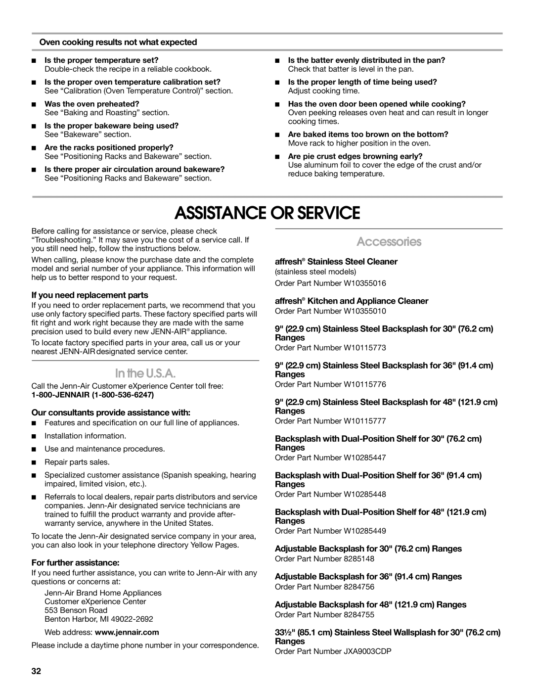 Jenn-Air JDRP436, JDRP536, JDRP430, JDRP548 manual Assistance or Service, U.S.A, Accessories 