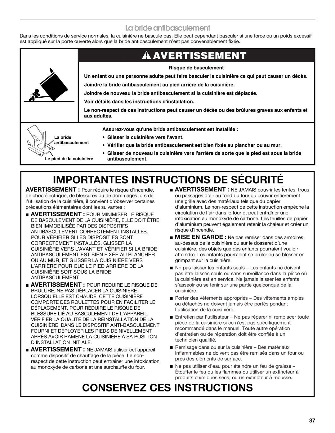 Jenn-Air JDRP536, JDRP436, JDRP430, JDRP548 manual Importantes Instructions DE Sécurité, La bride antibasculement 