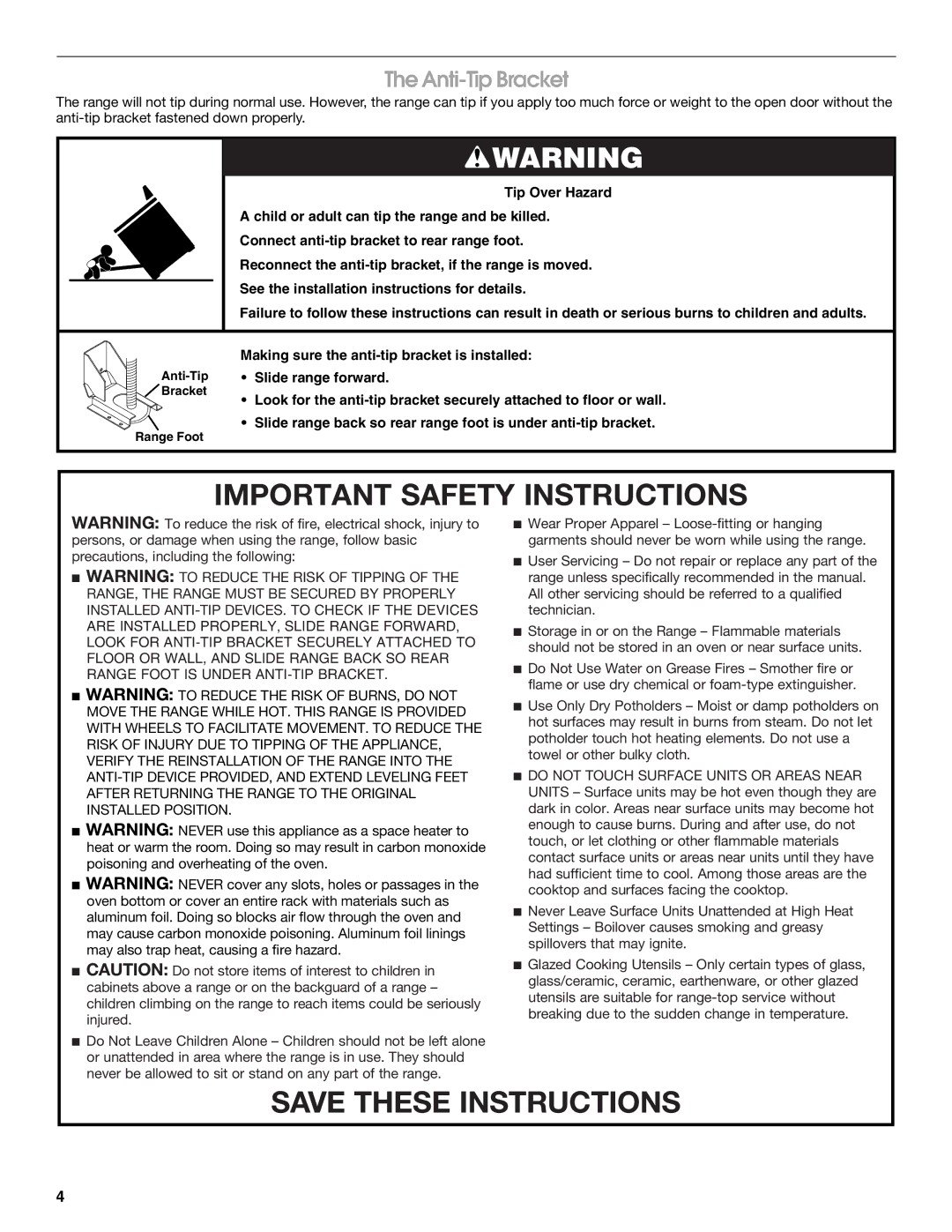 Jenn-Air JDRP436, JDRP536, JDRP430, JDRP548 manual Important Safety Instructions, Anti-Tip Bracket 