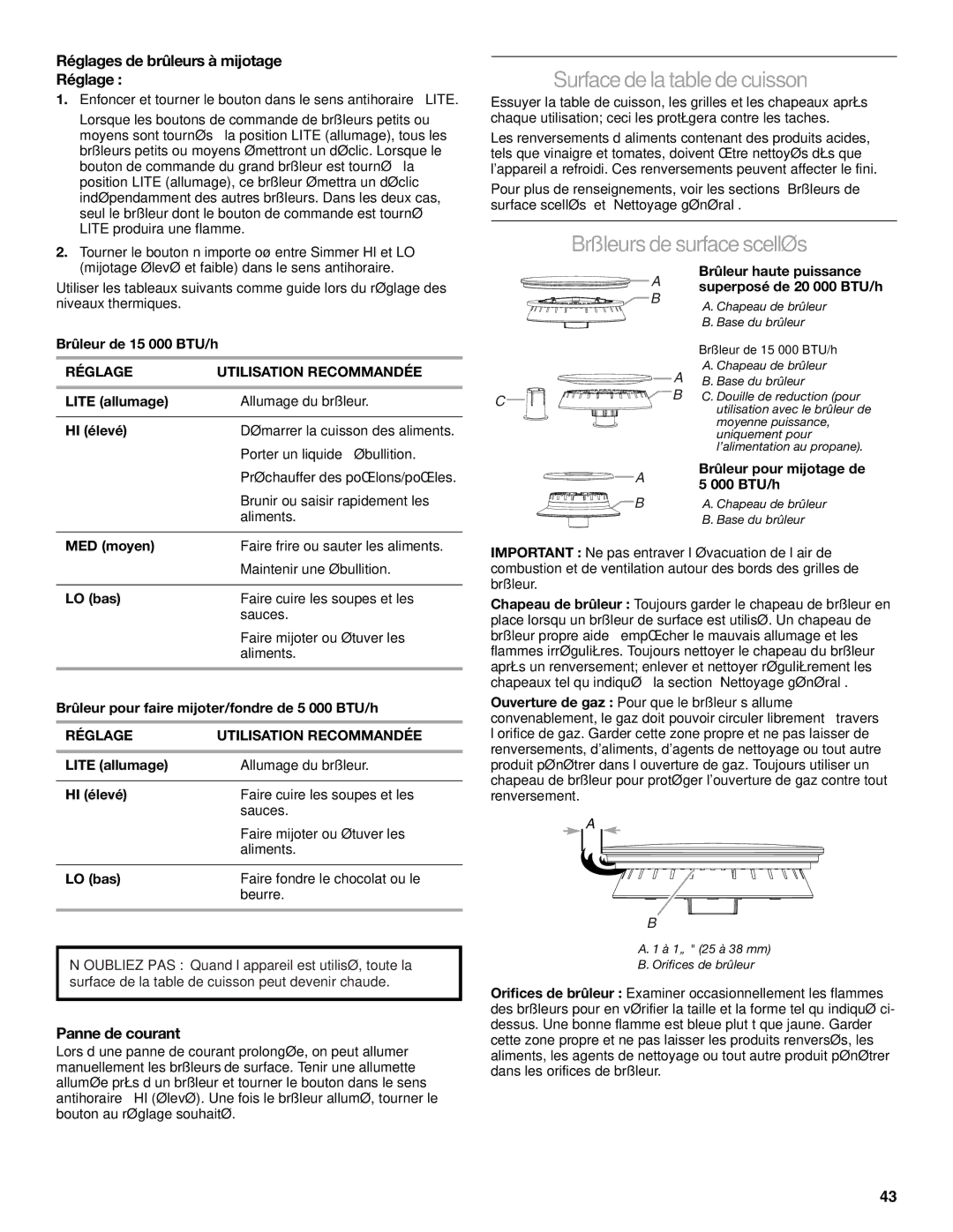 Jenn-Air JDRP548, JDRP436 Surface de la table de cuisson, Brûleurs de surface scellés, Réglages de brûleurs à mijotage 