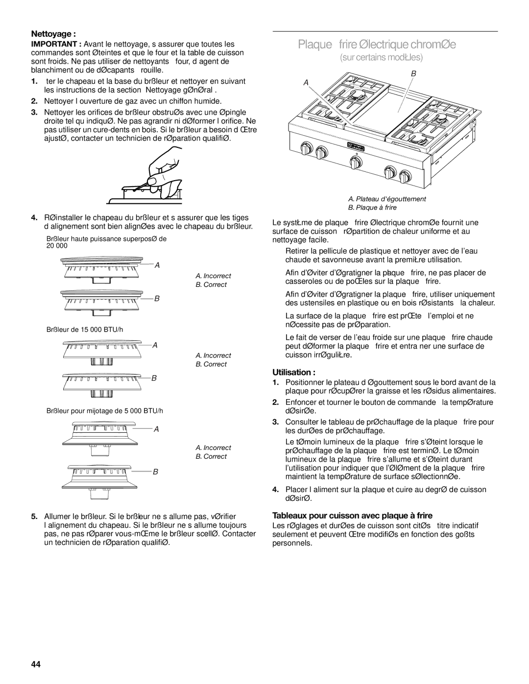 Jenn-Air JDRP436 Plaque à frire électrique chromée, Nettoyage, Utilisation, Tableaux pour cuisson avec plaque à frire 