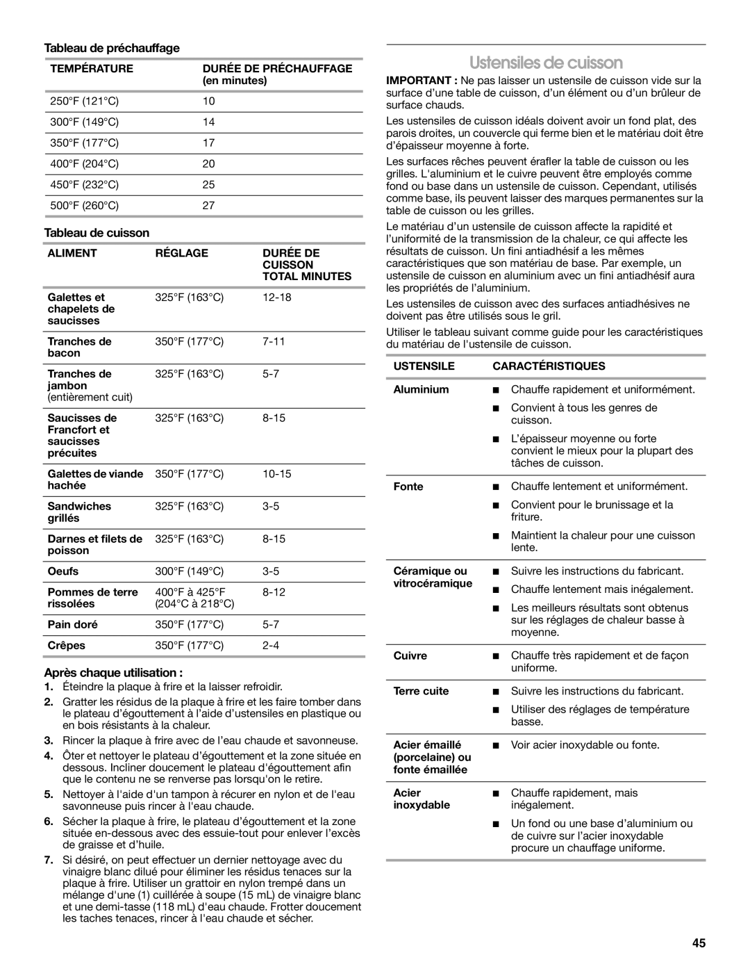 Jenn-Air JDRP536, JDRP436 Ustensiles de cuisson, Tableau de préchauffage, Tableau de cuisson, Après chaque utilisation 