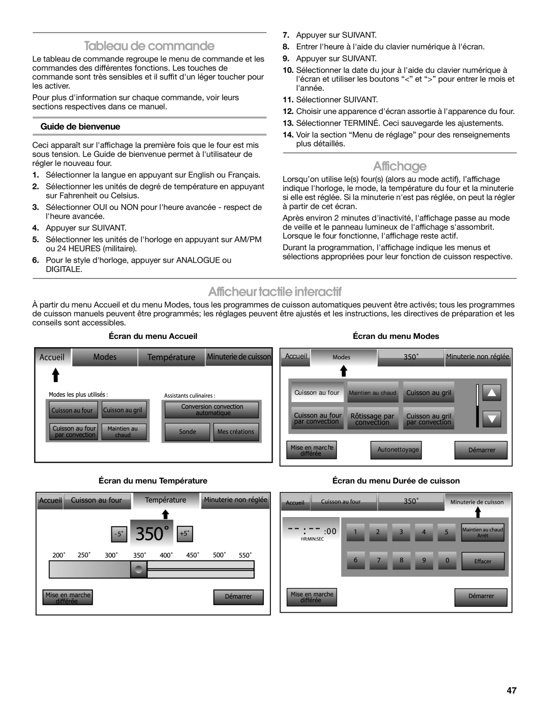 Jenn-Air JDRP548, JDRP436, JDRP536, JDRP430 Tableau de commande, Affichage, Afficheur tactile interactif, Guide de bienvenue 