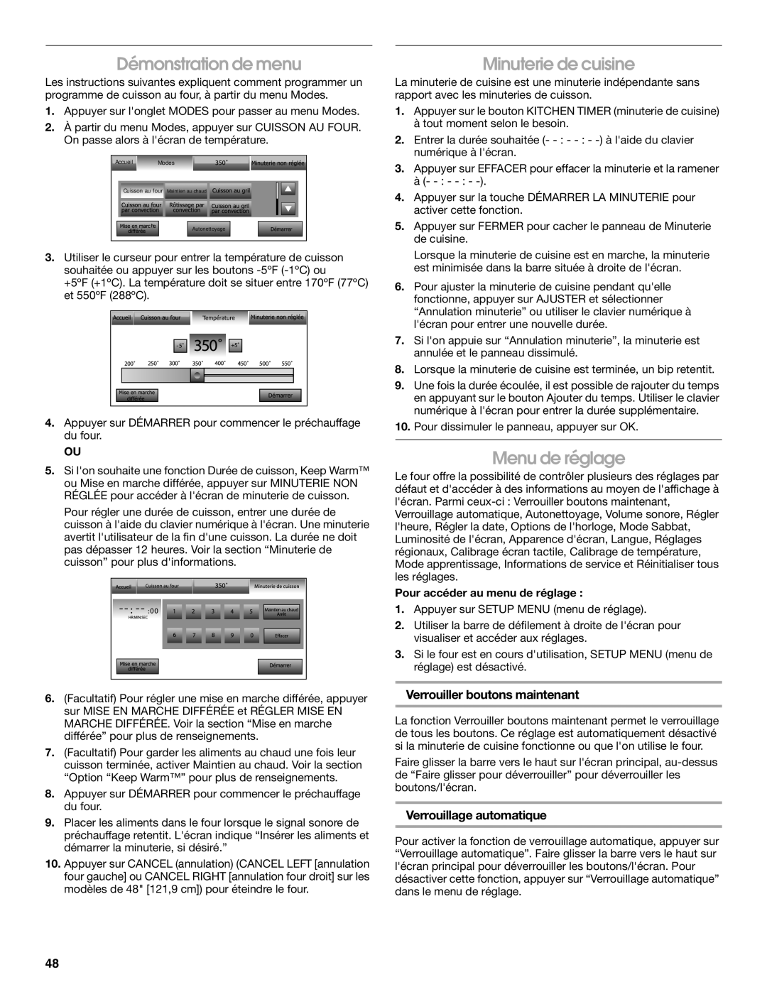 Jenn-Air JDRP436, JDRP536 Démonstration de menu, Minuterie de cuisine, Menu de réglage, Verrouiller boutons maintenant 