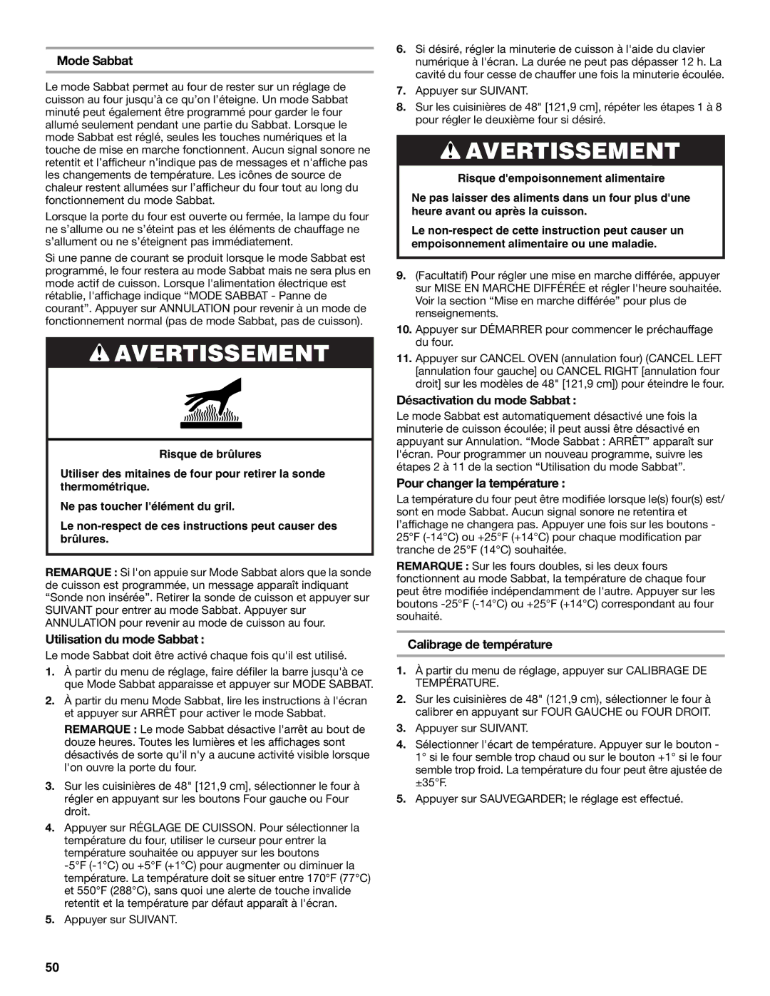 Jenn-Air JDRP430 manual Mode Sabbat, Utilisation du mode Sabbat, Désactivation du mode Sabbat, Pour changer la température 